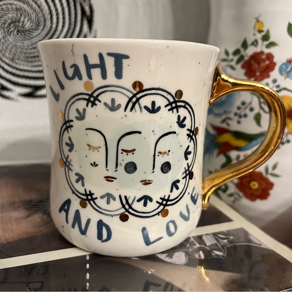 ANTHROPOLOGIE Light and Love speckled Coffee Mug with Gold Handle
